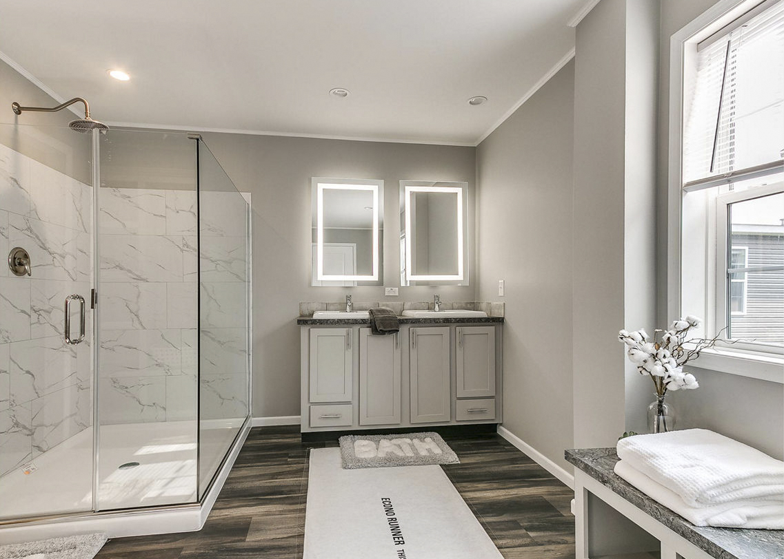 Modular home primary bathroom by Highland Manufacturing.